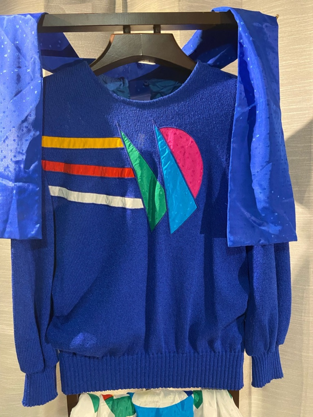 Blue Geometric Appliqué Scoop Neck Sweater Skirt and Scarf Set
